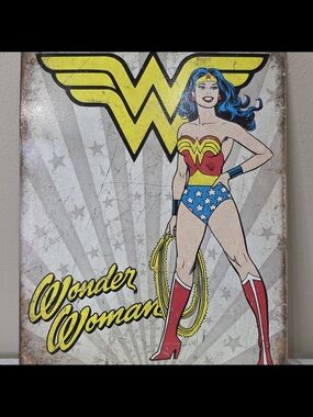 Wonder Woman Vintage-Style Metal Wall Hanging Art in Red, Blue, Yellow